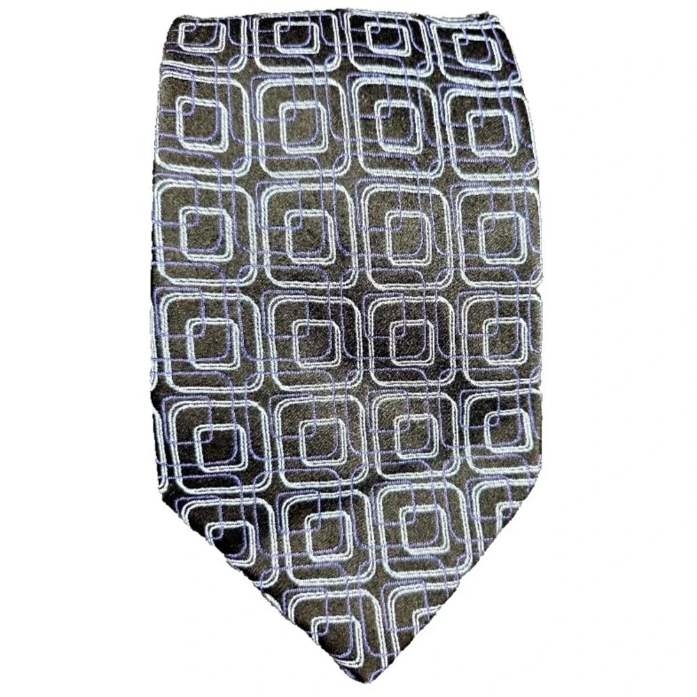 Stafford Men's 100% Silk Tie Geometric Square Pattern Black Purple Blue Long